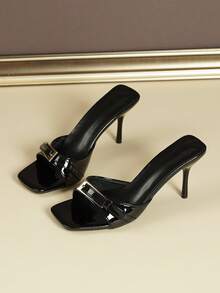 1双黑色方头细跟凉拖鞋，少女金属扣学生户外优雅高跟拖鞋，2026夏季新款 - 黑色 - 查看 8