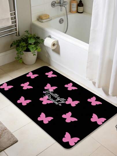 1pc Bathroom Rug, Rubber Material Minimalist Butterfly Pattern Rectangular Bathroom Mat, Modern Girly Style, Machine Washable Home Decor Carpet, Suitable For Bathroom Entrance, Bathtub Area, Shower Room Entrance