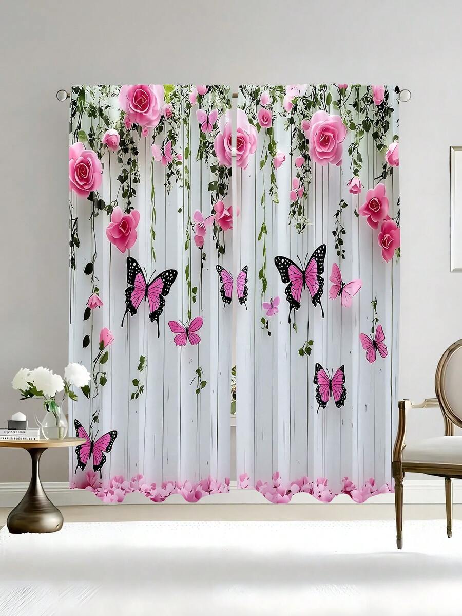 2片花卉图案窗帘，展现乡村魅力，适用于卧室、办公室、厨房、客厅、书房、家居装饰，美观、易于安装且经久耐用（单层印花窗帘，不含帘幔）
