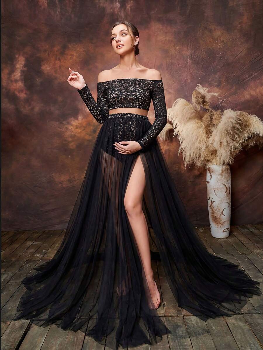Faeriesty 2pcs Maternity Dress Set, Including Off-Shoulder Lace Top And Sheer Skirt With High Slit Black - Black - View 1