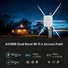 Extensor/Punto de acceso WiFi 6 para exteriores, Amplificador de señal inalámbrica de banda dual AX3000 de 3.0Gbps, 6 antenas de alta ganancia de 7dBi, protección IP67 contra agua y clima, protección contra descargas electrostáticas de 15kV, cobertura de largo alcance de hasta 300m/984ft, alimentado por PoE, modos Mesh/AP/Router/Repetidor para 256+ dispositivos, ideal para patio, jardín, almacén, el mejor repetidor WiFi para exteriores - Ver 2