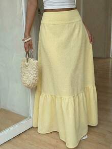 Teen Girls Yellow High Waist Long Ruffled Maxi Skirt Textured Flowy Boho Style Summer Vacation Casual Daily Skirt For Girl(YY1252) - Yellow - View 4