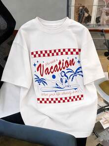 Top de verano MOOSGOP - Estilo bohemio de playa y vacaciones / Casual / Versátil / Cómodo / Ropa de estar en casa - Estampado en inglés de árbol de coco y tabla de surf / Diseño de marca de agua - Camiseta de manga corta, cuello redondo y hombros caídos de corte holgado - Ropa de playa para mujer Blanco - Blanco - Ver 5