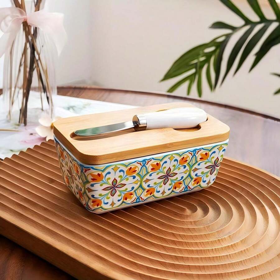 1-Pack - Ceramic Butter Jar With Lid (Butter Knife Included) Can Be Used As A Household Cheese Storage Box, Butter Dish, Food Storage Container, Airtight Butter Container, Suitable For Storing Kitchen Butter And Other Kitchen Gadgets.