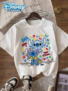 Women's Disney Lilo & Stitch Stitch Themed T-Shirt - Cute Stitch & Stitch Print Short Sleeve Round Neck Casual Summer Tee With Lilo & Stitch Characters For Casual Attire, Machine Washable & Women's Apparel - 白色 - 查看 6