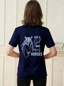 女士时尚夏季圆领短袖T恤，休闲百搭。马术主题休闲风格，“Just A Horse Lover”英文字母印花图案，适合街头、休闲、聚会、派对等各种场合。 - 藏青 - 查看 3