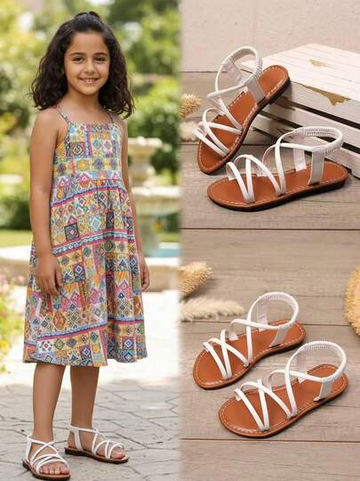 1 Paar weiße Modische Sandalen für Kleinkind Mädchen in Große Größen, Elastischer Riemen Peep Zehen Flache Casual Schuhe geeignet für 3-16 Jahre, Frühling/Sommer 2026 Neuankömmling, Fällt eine halbe Nummer kleiner aus