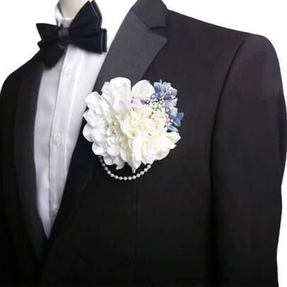 1pc Wedding Party Lapel Flower, Artificial Peony Brooch Suitable For Groom, Bride, Photography Props, Dual-Use For Wedding, Banquet