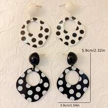 Vintage & Fashionable Minimalist Acrylic Black & White Polka Dot Geometric Drop Earrings - Bohemian Diamond & Gothic Style, Perfect For Parties, Vacations & Christmas - 黑色背景白色圓點 + 2 PCS - 查看 1