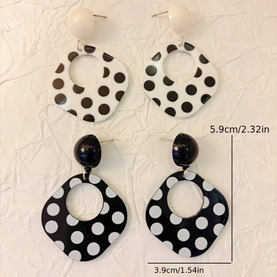 Vintage & Fashionable Minimalist Acrylic Black & White Polka Dot Geometric Drop Earrings - Bohemian Diamond & Gothic Style, Perfect For Parties, Vacations & Christmas - 黑色背景白色圓點 + 2 PCS - 查看 1