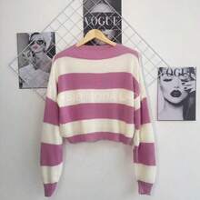 SJD MODA LADY Striped Sweater Knit Modal Off Shoulder Super Autumn Winter Korean Style Best Fabric - Sọc hồng nhạt - Xem 2