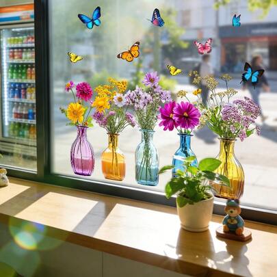 1/3pcs Decorative Glass Stickers Spring Flowers In Vases And Butterflies Static Cling Film For Bedroom Shop Window Reusable DIY Room Decor Aesthetic Botanical Wall Art