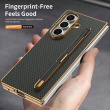 VIETAO Funda de teléfono con diseño chapado en oro con bolígrafo incorporado, patrón de fibra de carbono electrolítico para Samsung Galaxy Z Fold 7/6/5/4 - Verde - Ver 6