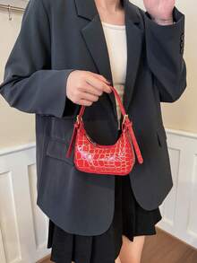 New Handbag, Fashionable Small Versatile Stone Texture Mini Half-Moon Handheld Bag - Red - View 5