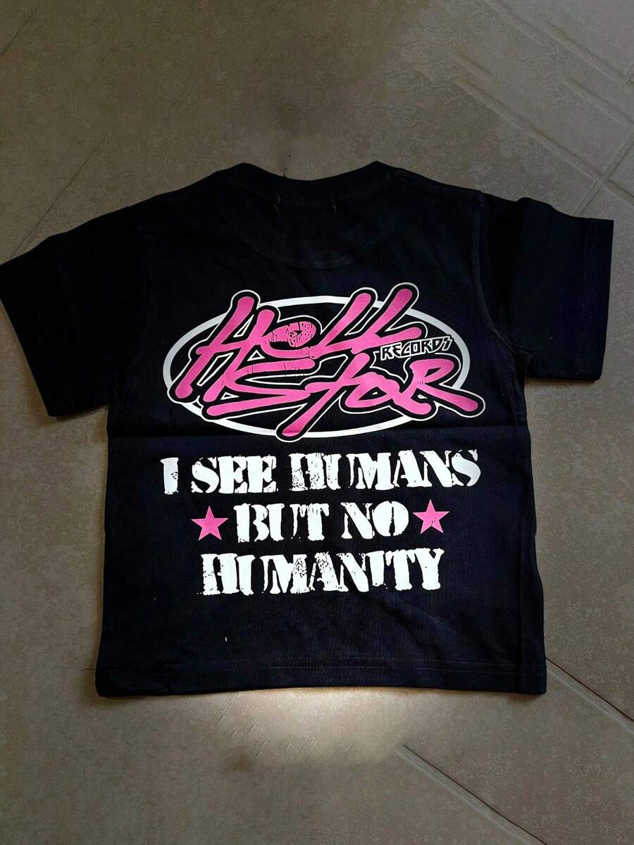 Hellstars Records I See Humans But No Humanity Back Print Y2K Graphic T-Shirt,220g 100% Cotton,Round Neck Short Sleeve,Black Streetwear Essential For Summer Going Out,Unisex Style - Black - View 1