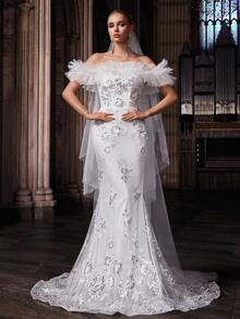 QOQ Romantic Floral Embroidered Strapless Wedding Dress - White - View 4