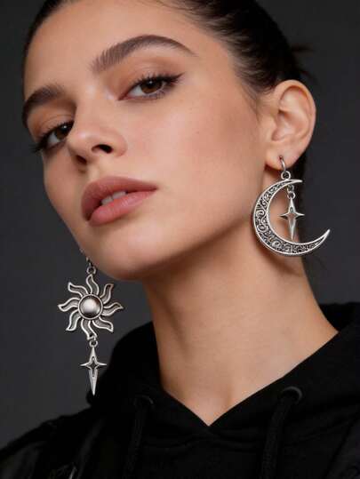 1 par de pendientes de mujer estilo vintage occidental, con colgantes huecos tallados de sol, estrella y luna, pendientes exagerados, regalo