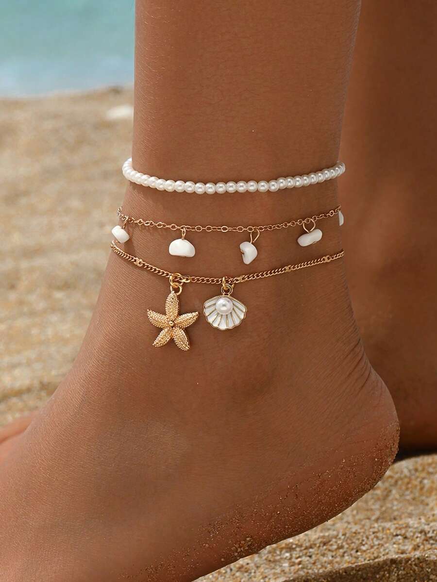 3pcs/Set White Stone Tassel Starfish Shell Pendant Gold Anklet, Multilayer Beach Jewelry Suitable For Daily Wear And Vacation - Multicolor - View 1