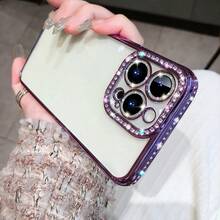 亮片水钻奢华电镀紫色手机壳，带镜头膜，适用于 17 Pro Max/17 Pro/17 Air/17/16 Pro Max/16/16 Pro/16 Plus/16e/15/15 Pro Max/15 Pro/15 Plus/11/12/13/14 Pro Max/11 Pro/11 Pro Max/12 Pro/12 Pro Max/13 Pro/13 Pro Max/14 Pro/14 Pro Max/14 Plus/13 Mini/12 Mini，简约创意设计 - 紫色+鏡頭膜 - 查看 4