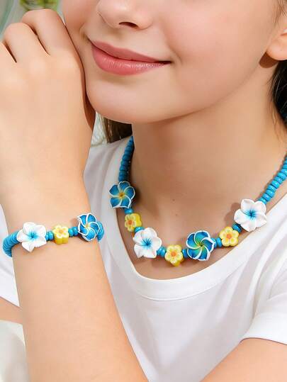 2pcs/Set Beaded Polymer Clay Plumeria Necklace & Bracelet Set, Blue Floral Bohemian Style, Suitable For Girls Daily Wear, Festival, Birthday Gift