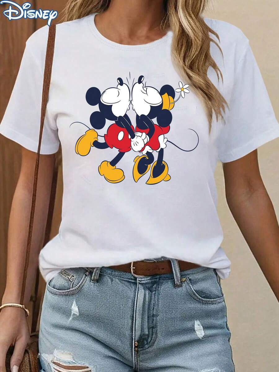 [Disney Licensed] Mickey And Minnie Mouse Print Women's T-Shirt, Casual And Stylish Round Neck Short Sleeve Summer Top, Girls' Personalized College Style Cartoon Breathable Sports Shirt, Outdoor Daily Casual Wear - White - View 1