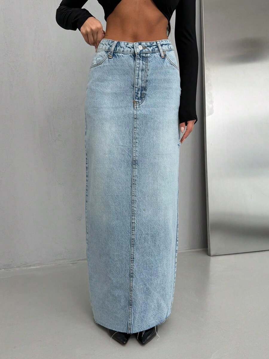 SQUALO Women's Light Blue Slit Denim Midi Skirt - 100% Cotton