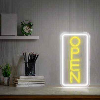 LED Neon Open Sign For Business, 7.87"X16" Vertical - Bright Illuminated Signage For Shop, Bar, Entryway - USB-Powered, Wall Mount, Switch Control, Single Yellow Color - Durable Plastic Material