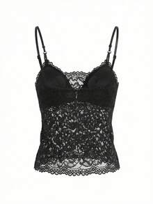 性感蕾丝吊带背心，适合内搭或外穿 - 黑色 - 查看 7