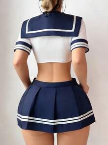 Cosplay 校服三件套（上衣、百褶裙、丁字裤），柚子派对服装，清纯学生制服，适合情人节、万圣节、可爱角色扮演水手服 - 藏蓝色 - 查看 2