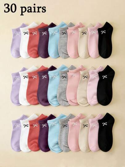 1/30 Pairs Women Candy Color Solid Bow Tie Pattern Ankle Socks - Sweet Minimalist Comfortable Casual - Suitable For Daily Wear, Sports, Travel, College Style - All Seasons