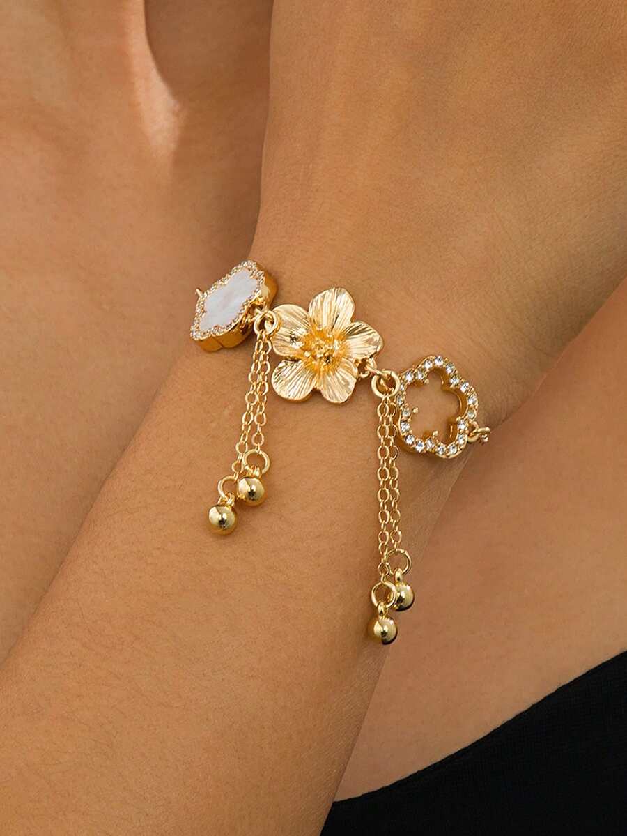 1件 时尚新款甜美精致夏日度假风金色纹理五瓣花幸运闪亮四叶草吊坠女手链 - 彩色 - 查看 1