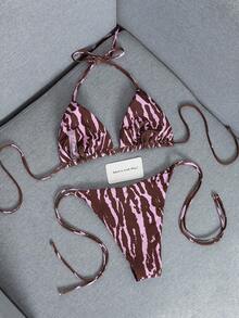 2件套2026新款时尚性感仿木纹印花比基尼泳装套装，适合泳池、海滩、度假、春夏、情人节、狂欢节派对等场合。 - 咖色粉紅色 - 查看 3