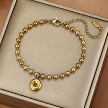 26 piezas Pulsera con dijes de letras iniciales, pulsera de acero inoxidable con cuentas doradas con letras de burbuja, adecuada para uso diario de mujeres, la caja de regalo es solo para fines de fotografía - Dorado - View 32