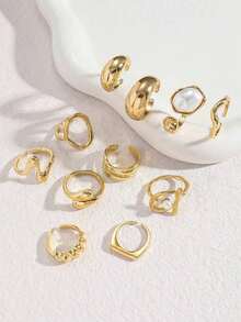 11pcs Punk Style Rings Set, Vintage Geometric Rings Set, Fashion Personalized Jewelry Gift, Suitable For Daily Outfit And Party Accessories [Some Rings Are Open But Not Adjustable, Please Do Not Forcibly Bend Them Or They Will Break, Sizes Are Marked] Random Pearl Color - Vàng - Xem 5