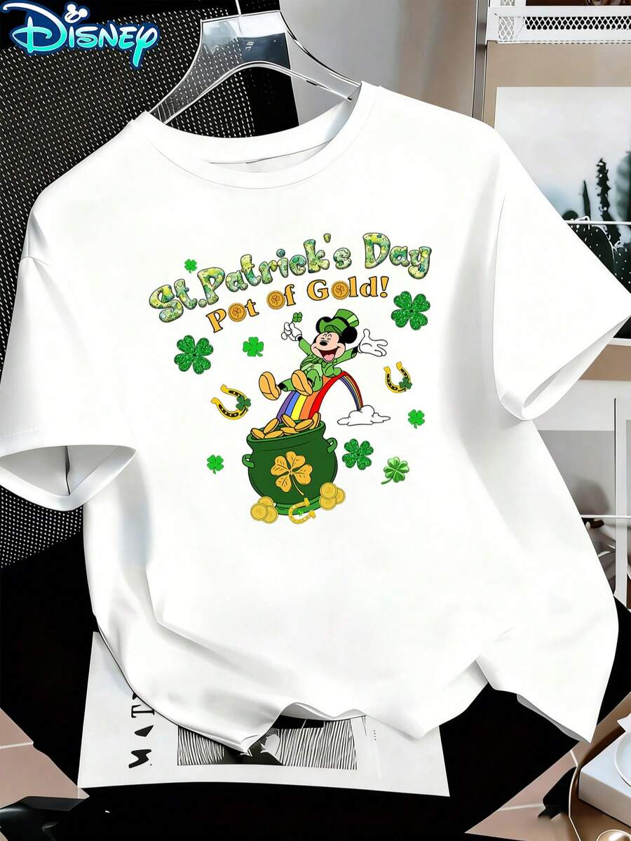 Disney Women's Mickey Mouse St. Patrick's Day Leprechaun Short-Sleeved T-Shirt - Rainbow & Pot Of Gold Theme Round-Neck Top, Soft Cotton Breathable Fabric, Daily Leisure Wear - 白色 - 查看 1