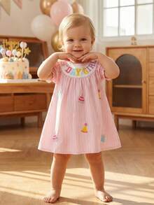 Toddler Baby Girl Birthday Dress Striped Cake Letter Embroidered Short Sleeve Crewneck A-Line Princess Dresses Cute Smash Cake Clothes - Hồng - Xem 4