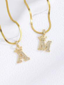 1pc Fashionable Gold-Plated Copper Cubic Zirconia Letter Pendant Necklace, Suitable For Party Decoration, Accessory Gift For Friends And Family - Gold - View 6