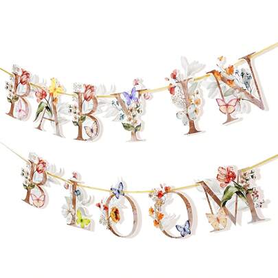 1 Set Flower & Butterfly Theme Baby Shower DIY Bunting Banner, Wildflower Butterfly Baby Shower Sign, Boho Floral Welcome Baby Shower Wreath Decor, Floral Theme Paper Garland For Pregnancy Party, Wildflower Boho Baby Gender Reveal Birthday Party Supplies