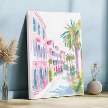 1pc Blue Summer Wall Art, Beach Decor, Ocean Framed Wall Art, Wrapped Canvas Poster Vintage Prints, Street Scene, Buildings, Palm Trees - Modern, Impressionistic, Watercolor, Vibrant Style, Home Living Room Bedroom Ofice Wall Decor, Birthday Party Decor, Hanging Hardware Included - Wrapped Framed Canvas, Vertical - Lienzo enmarcado - Ver 3