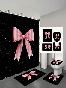 1/4pcs Pink Ribbon Bow Pattern Bathroom Set, Including Shower Curtain, Bath Mat, Toilet Lid Cover, And U-Shaped Mat - A - View 3