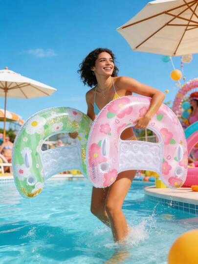 1pc U-Shaped Lounger, Sequin & Floral Decor, Cup Holder, Durable PVC Material, Suitable For Water, Beach, Pool, Theme Party, Inflatable Water Resting Seat, Inflatable Water Floating Device, Pool Inflatable Float, Inflatable Pump Needs To Be Purchased Separately