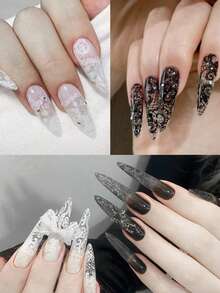 10 miếng dán móng tay ren đen trắng, họa tiết hoa văn ren cổ điển, decal móng tay DIY hiệu ứng ba chiều (không kèm keo) - Đen và trắng - Xem 7