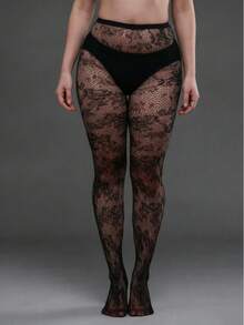 1 Pair Plus Size High Elasticity Floral Mesh Leggings, Women's Halloween Costume Tight Pants, Fashionable Sexy Black Mesh Pantyhose - Black - View 14
