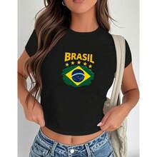 Women's Baby Look T-Shirt Brazil National Team World Cup Printed Fashion T-Shirt Soft Fabric 100% Cotton - 黑色 - 查看 2