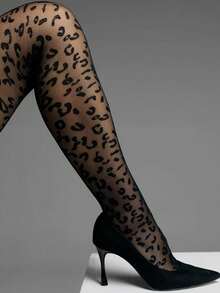 1 Pair Women's Leopard Print High Waist Leggings - Elastic, Snag-Resistant, Fashionable One-Piece Casual Design, Black And Brown Geometric Pattern, Polyester Material, Hand Wash Only, Leopard Print Tights - Multicolor - View 5