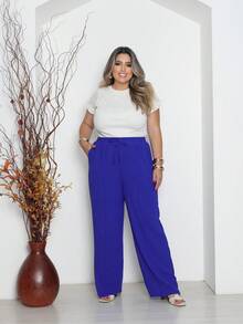 Women's Plus Size Wide-Leg Pants By Duna With Pockets - 寶藍色 - 查看 2