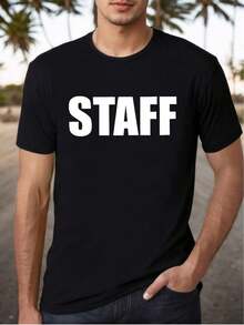 Camiseta de Algodón Negra para Hombre "Staff Font" - Estampado Atrevido y Divertido, Manga Corta, Cuello Redondo| Tela suave y transpirable para un uso cómodo en verano| Ideal para salidas informales, citas y moda diaria.| Tallas S-3XL - Negro - Ver 1