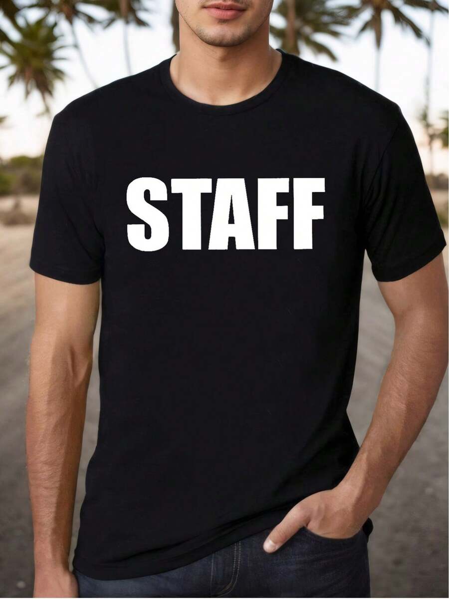 Camiseta de Algodón Negra para Hombre "Staff Font" - Estampado Atrevido y Divertido, Manga Corta, Cuello Redondo| Tela suave y transpirable para un uso cómodo en verano| Ideal para salidas informales, citas y moda diaria.| Tallas S-3XL - Negro - Ver 1