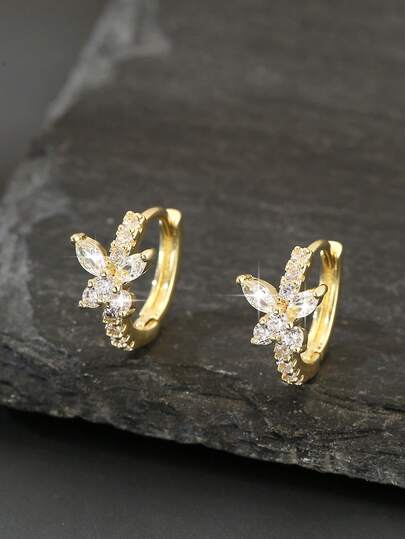 1 Pair Delicate & Sweet Copper Cubic Zirconia Butterfly Round Hoop Earrings, Petite & Versatile Gift For Women