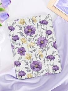 1个手绘紫色和黄色花叶图案平板电脑保护套，兼容Mini4/Mini5/Mini6/Mini7/Air/Air2/9.7/10.2/10.5/Air4/Air5/10.9/Pro 11英寸/第十代/Air 11英寸(M2)-2024/Pro 11英寸(M4)-2024/Air 11英寸(M3) 2025/(A16) 11英寸第十一代2025、Galaxy Tab A8 10.5英寸2022，包含笔槽、三折支架、TPU软边保护、磁吸式睡眠/唤醒功能，轻柔/个性化/治愈/复古平板电脑保护套 - 彩色 - 查看 2